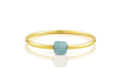 Aqua Quartz Gold Tube Bracelet - Square Aqua Quartz Gemstone Center Bead - Shiny Gold Filled Slip On Bracelet for Women - Minimal Stackable Tube Gold Jewelry