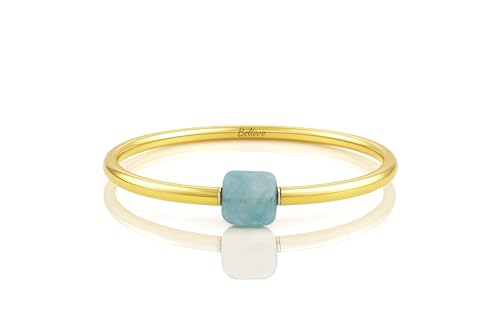Aqua Quartz Gold Tube Bracelet - Square Aqua Quartz Gemstone Center Bead - Shiny Gold Filled Slip On Bracelet for Women - Minimal Stackable Tube Gold Jewelry