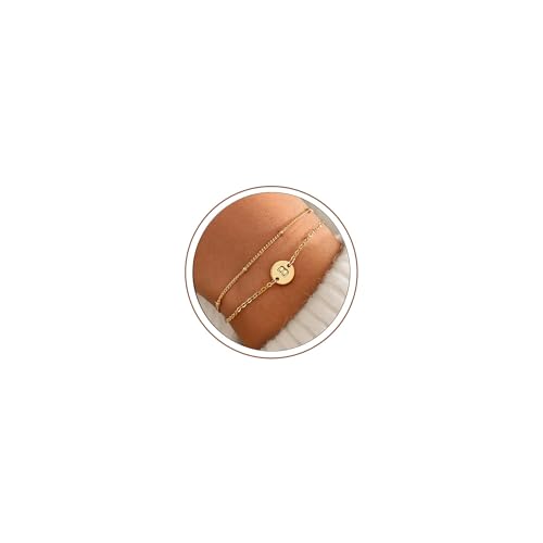 MONOZO Gold Initial Bracelets for Women Girls Jewelry Gifts Trendy - Dainty 18K Gold Plated Disc Monogram Letter A-Z Initial Bracelets for Women Girls Teens Personalized Letter Bracelet Birthday Gifts - color: Gold, style: B
