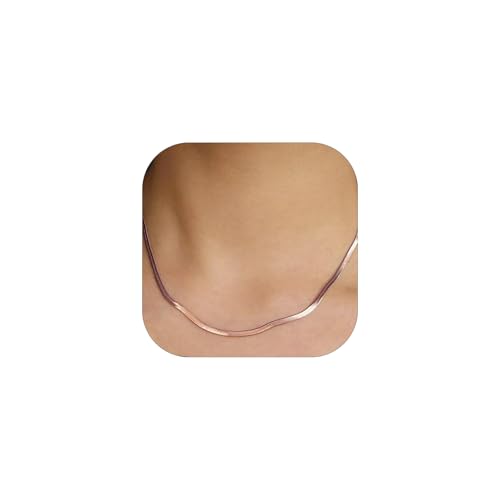 FOCALOOK 14K Gold Plated Necklaces for Women, Fashion Herringbone Choker Necklace Stainless Steel Flat Snake Chain 3/5MM(W) 12.5"/15"/18"+3.5"(L) - color: 3MM-Rose Gold-18"