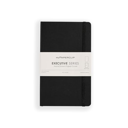 myPAPERCLIP Executive Series Medium Plain Notebook | 192 Pages, 80 GSM, Soft Cover, Medium Size (5 x 8.25 in) | Flat Lay | Bookmark, Elastic Closure & Back Pocket | Black
