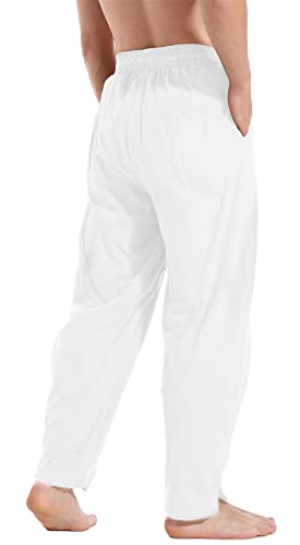 perdontoo Men's Linen Cotton Loose Fit Casual Lightweight Elastic Waist Summer Beach Pants
