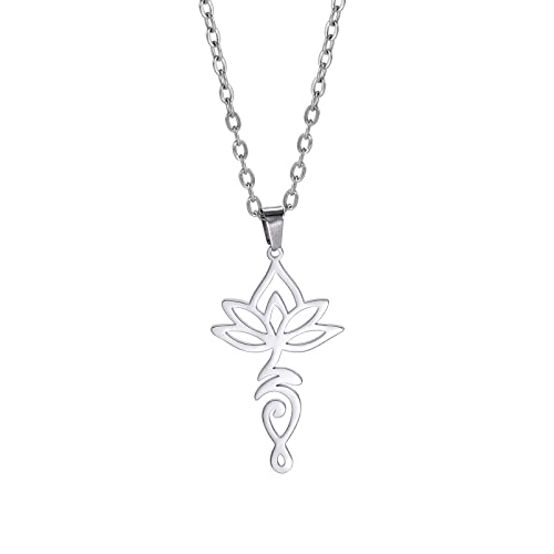 VASSAGO Buddha Lotus Necklace for Women Yoga Healing Pendant Stainless Steel Flower Necklace Buddhist Necklace Unalome Symbol Amulet Religious Jewelry - color: silver 2