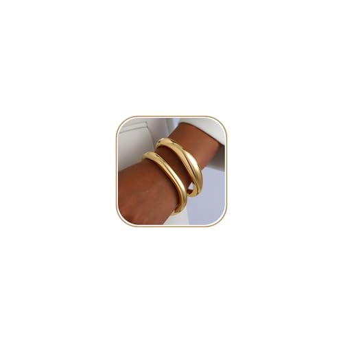2pcs Gold Bangle Bracelets for Women, Trendy Hinged Cuff Open Wide Chunky Gold Bracelet Stack Arm Cuff Jewelry for Women