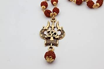 The Great Indian Store Original Rudraksha Mala, Golden Om Trishul Damru Pendant, Religious Locket for Men and Women Pack of 1