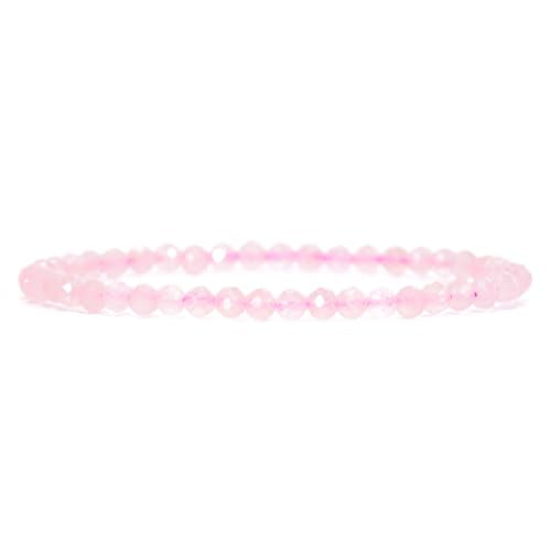 Angelstones Natural Gemstone Small Beaded Stretch Bracelet, 4mm Faceted Round Beads, Crystal Healing Bracelet for Women - color: Rose Quartz