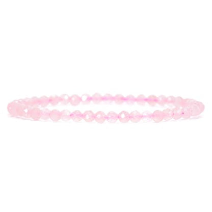 Angelstones Natural Gemstone Small Beaded Stretch Bracelet, 4mm Faceted Round Beads, Crystal Healing Bracelet for Women - color: Rose Quartz