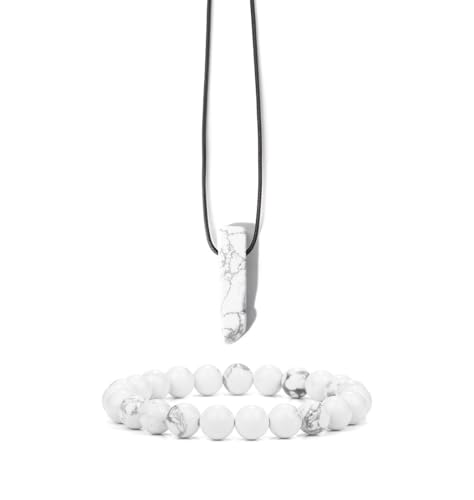 Pingyongchang Stress Relief Anxiety Yoga Bracelets Necklace Set,Healing Crystal Stone Mantra Bracelets for Women Natural Crystal Stone birthday Gifts For Teen Girls Black Leather Necklace for Men - color: Howlite