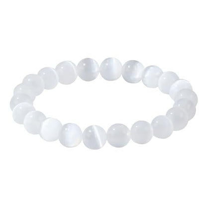 Natural Gemstones Bracelet 8mm Chakra Round Beads Energy Power Crystal Reiki Healing Elastic Stretch 7 Inch for Women Men Unisex - color: Selenite