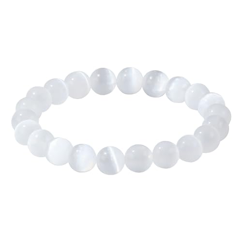 Natural Gemstones Bracelet 8mm Chakra Round Beads Energy Power Crystal Reiki Healing Elastic Stretch 7 Inch for Women Men Unisex - color: Selenite