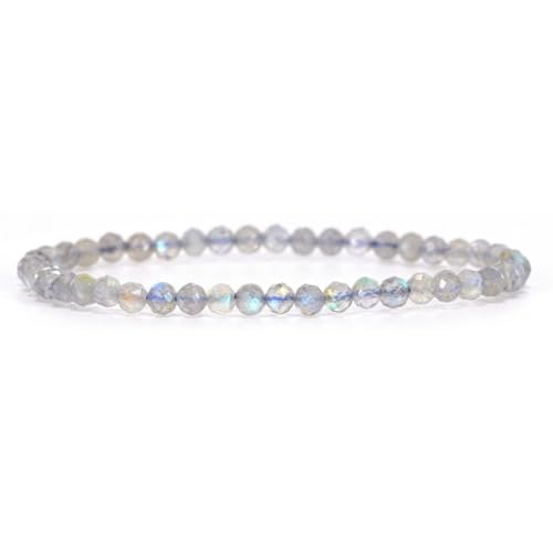 Angelstones Natural Gemstone Small Beaded Stretch Bracelet, 4mm Faceted Round Beads, Crystal Healing Bracelet for Women - color: Labradorite
