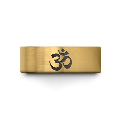 Yoga Om Symbol Ring - Gift for Meditation Fan - Personalized Custom Engraving - Anniversary Wedding - 8mm - Band - Brushed Polished - Tungsten - Flat Dome Bevel - Men Women - Yellow Rose Gold Silver - color: 15 - Yellow Gold Tungsten