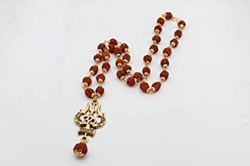 The Great Indian Store Original Rudraksha Mala, Golden Om Trishul Damru Pendant, Religious Locket for Men and Women Pack of 1
