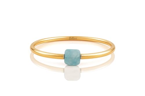 Aqua Quartz Gold Tube Bracelet - Square Aqua Quartz Gemstone Center Bead - Shiny Gold Filled Slip On Bracelet for Women - Minimal Stackable Tube Gold Jewelry