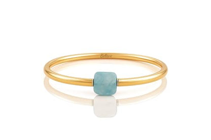 Aqua Quartz Gold Tube Bracelet - Square Aqua Quartz Gemstone Center Bead - Shiny Gold Filled Slip On Bracelet for Women - Minimal Stackable Tube Gold Jewelry