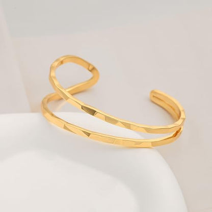 POTESSA 18K Gold Plated Cuff Bracelets Adjustable Dainty Bangle Handemade Jewelry for Women - style: lattice