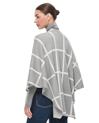 PULI Women's Elegant Shawl Wraps Soft Open Front Poncho Sweater for Spring Fall Winter - color: Classic Check-light Heather Gray and Ivory White