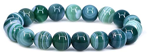 Amandastone Natural Gemstone 10mm Round Beads Stretch Bracelet 7 Inch - color: Green Striped Agate