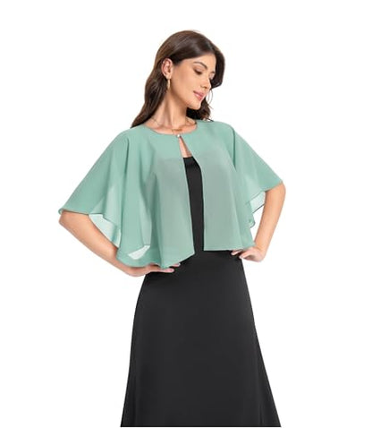 Baoqiya Capelets for women Chiffon Cape Soft Shawls and Wraps Wedding Capes 1920s flapper Cover Up - color: Bean Green