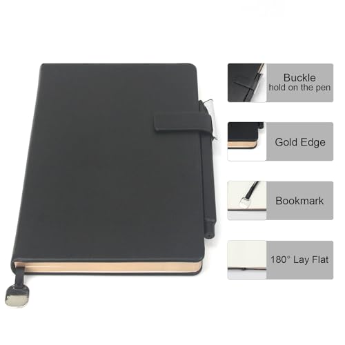A5 Hard Cover Notebook with Pen Holder, Gold Edges & 180° Lay Flat - Large 5.7x8.4 Lined, Bookmark, Gift Box - Durable Journal for Office, Study, Travel - Writers, Students(Black) - color: Black, style: Hard surface-Lined
