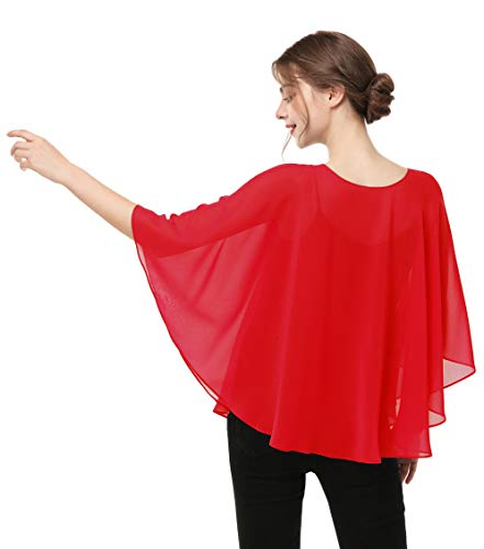 Capes for Womens Casual chiffon shawl Casual Chiffon Cape Sheer shawls and wraps Poncho Capelets Cover Up - color: Red