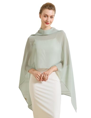 Chiffon Cape Shawl Wrap Scarf 3 Ways to Wear Elegant Sheer Capelet for Evening Dresses Weddings Parties - color: Sage Green