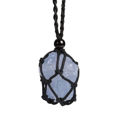 Natural unprocessed crystal raw stone hand woven rope adjustable necklace pendant for both men and women - color: A-Blue Celestite