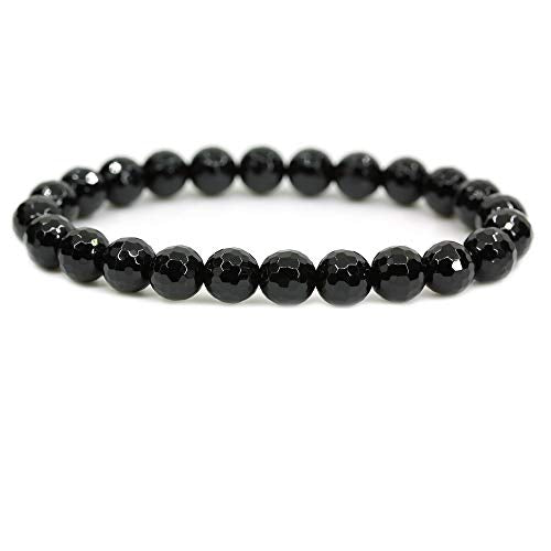 Amandastone Natural Gemstone 8mm Round Beads Stretch Bracelet 7 Inch - color: Faceted Black Agate
