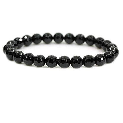 Amandastone Natural Gemstone 8mm Round Beads Stretch Bracelet 7 Inch - color: Faceted Black Agate