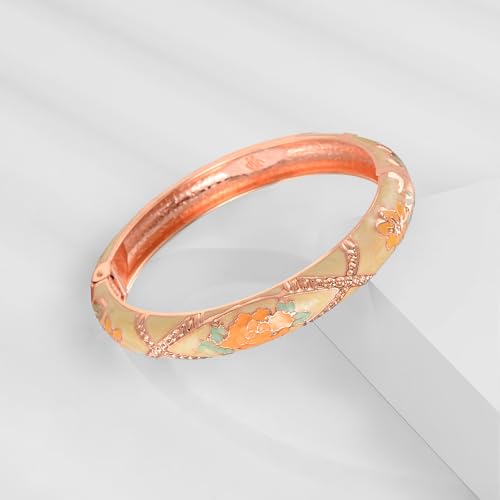 UJOY Classic Cloisonne Bracelets Enamel Jewelry Plated Bamboo Flower Cuff Metal Bangle for Women Gift Box - color: A108-2 Pcs Set-Yellow