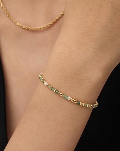 PAVOI 14K Yellow Gold Plated Gemstone Beaded Bracelets for Women - Adjustable Slider Dainty Pearl Bracelet - Boho Festival Pearls, Labradorite, Sodalite, Red Jade, Amazonite Beads - Gold Jewelry Gifts - style: Amazonite