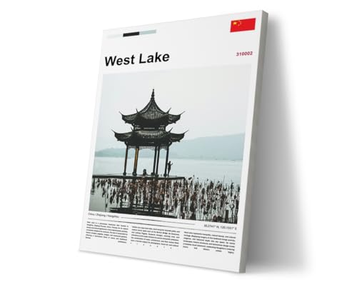 poster original design West Lake Hangzhou(24"x16" Wrapped Canvas) China wall art traditional Chinese pavilion photography misty landscape scenery Asian cultural heritage picture zen home decor - color: West Lake, size: 24"L x 16"W