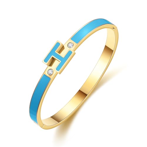 Gold Bracelets for Women, H Bangle Bracelet, Dainty 18K Gold Plated Stainless Steel Enamel Bracelet for Everyday, Work, Party, Stackable Gift for Mom, Wife, Girlfriend - color: Blue