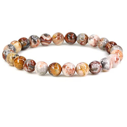 Keleny Gem Semi Precious Gemstones 8mm Natural Quartzite Stone Round Beads Rock Crystal Jasper Stretch Bracelet 7 Inch Unisex - color: Red Crazy Agate