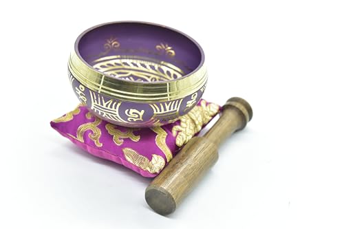 3.75" Tibetan Meditation Yoga Singing Bowl Green Set with free Wooden Mallet and Silk Cushion from Nepal, Singing bowls. (Purple) - color: Purple
