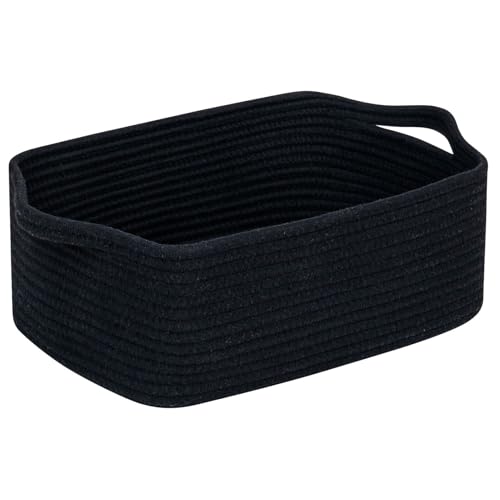 CubesLand Cute and Durable Small Cotton Rope Basket for Organizing, Woven Closet Storage Bin,Shelves Closet Storage Basket, Bathroom Storage Organizer Bin, Nursery Toy Basket Bin, Black Basket - color: Black, size: 14''x10''x5''