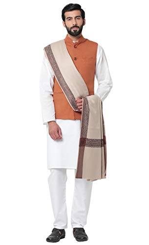 Weavers Villa Men's Woven Border Woollen Lohi Meditation Shawl Wrap - color: Light Beige