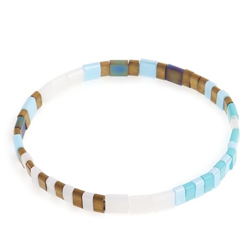 Tila Flat Beaded Stretch Bracelets for Women, Trendy Unique Handmade Stackable Green Blue Square Beads Miyuk Link Bracelet Summer Jewelry Gift - color: Turquoise Blue Tan