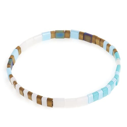 Tila Flat Beaded Stretch Bracelets for Women, Trendy Unique Handmade Stackable Green Blue Square Beads Miyuk Link Bracelet Summer Jewelry Gift - color: Turquoise Blue Tan