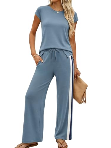 Casly Lamiit 2 Piece Pants Set for Women Travel Set Short Sleeve Track Suits Shirt and Pants Set Casual - color: Blue Grey, size: Medium
