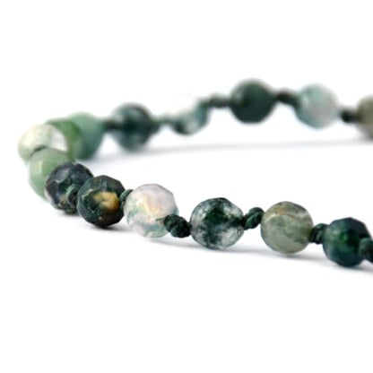 Natural Faceted Gemstone Bead Bracelet, Adjustable Waterproof Wax Cord, Hand-Knotted Design - color: Moss Agate