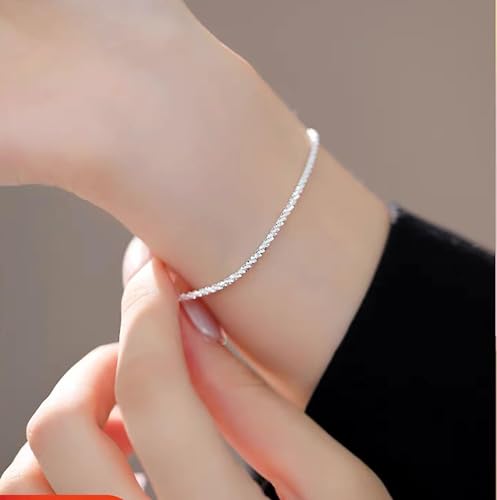 QLKILYR Silver Link Bracelet for Women, 14K White Gold Plated Hypoallergenic Lightweight Cute Sparkle Chain Bracelet, Small Adjustable Shiny Simple Bracelet