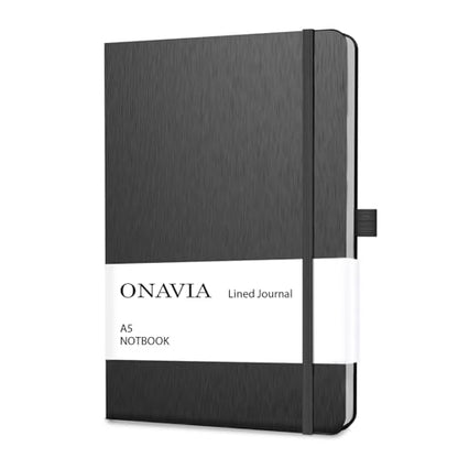ONAVIA A5 Hardcover Notebook Journal, College Ruled Lined Notebook for Work, Office Meetings, Journaling, Planning & Daily Writing, 160 Pages (80 Sheets), 5.8 x 8.3 in, Black - color: Black