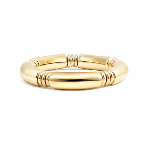 Gold Chunky Bangles Bracelets For Women 14k Gold Plated Stack Layered Curved Bamboo Tube Stretch Bracelets Gift Jewelry - color: 1pcs Gold
