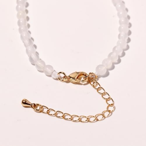Simple Choker Necklace for Women Real Stone and Crystals Necklaces 4mm Beaded Choker Jewelry Meditation Gift for Women (16"+2") - style: White Agate