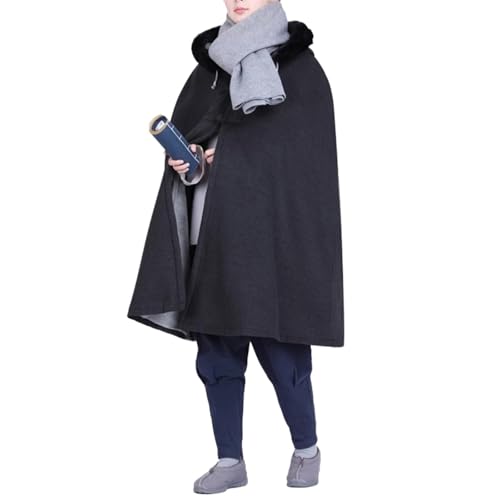 Unisex Meditation Hooded Cloak Winter Oversized Coat Double Layer Plush Poncho Cape One Size Length 100cm - color: Dark Grey