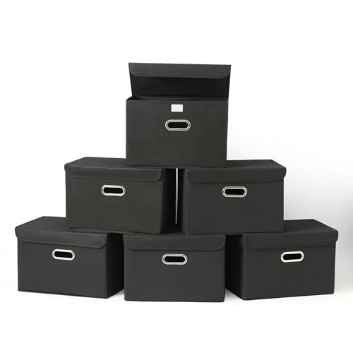 Fabric Foldable Collapsible Storage Cube Bin Organizer Basket with Lid, Handles, Removable Divider for Home, Closet (Black, 6Pcs) - color: Black, size: 6Pcs