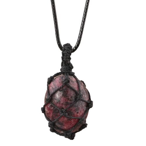 Crystal Tumbled Stone Pendant Necklace for Women Knotted Net Bag Leather Necklace Yoga Meditation Jewelry Gifts - color: Black Rhodonite