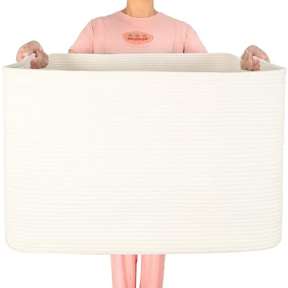 MINTWOOD Design 112L Extra Large Blanket Basket Holder Living Room, 25"x17"x16" Rectangle Rope Woven Storage Basket with Handles for Laundry, Towels, Shoes, Dog Toy Organizer Bin Box, Creamy White - color: Creamy White