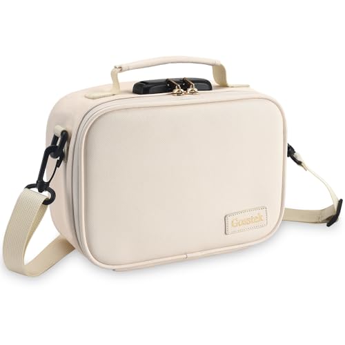 PU Leather Travel Bag with Combination Lock, Premium Organizers Box case, Durable Food Container Box for Home and Travel, Beige, Medium.